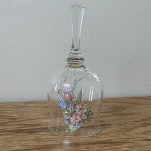 Vintage Glass Bell Floral Design Clear Decorative Bell w/ Clapper Cottagecore